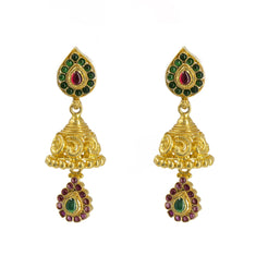 22K Yellow Gold Jhumki Drop Earrings W/ Ruby, Emerald & Teardrop Drop Pendant - Virani Jewelers