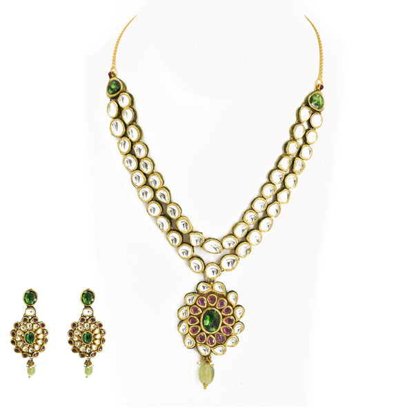 22K Gold Necklace & Earrings Set W/ Kundan - Virani Jewelers | Necklace Length 20 In. Necklace Minimum Width 2 mm. Necklace Maximum Width 16 mm. Pendant Length ...