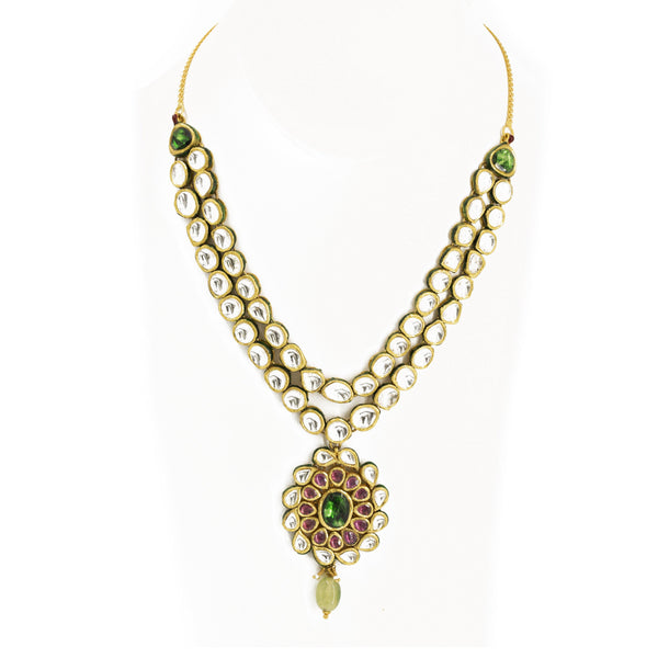 22K Gold Necklace & Earrings Set W/ Kundan - Virani Jewelers | Necklace Length 20 In. Necklace Minimum Width 2 mm. Necklace Maximum Width 16 mm. Pendant Length ...