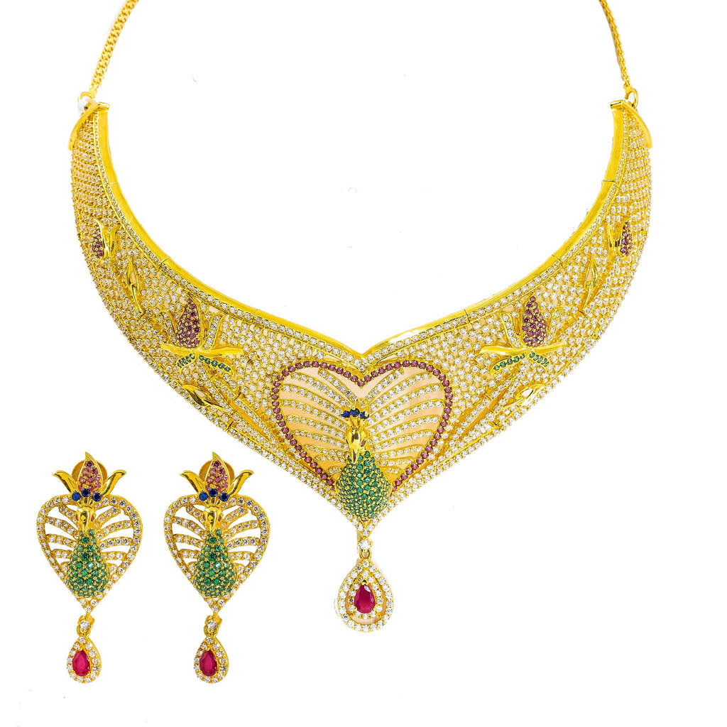 22K Yellow Gold Choker & Drop Earrings Set W/ Ruby, CZ, Peacock Heart Design & Drop Pear Pendant - Virani Jewelers |  22K Yellow Choker & Drop Earrings Set W/ Ruby, CZ, Peacock Heart Design & Drop Pear Pend...