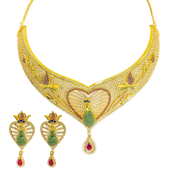 22K Yellow Gold Choker & Drop Earrings Set W/ Ruby, CZ, Peacock Heart Design & Drop Pear Pendant - Virani Jewelers |  22K Yellow Choker & Drop Earrings Set W/ Ruby, CZ, Peacock Heart Design & Drop Pear Pend...