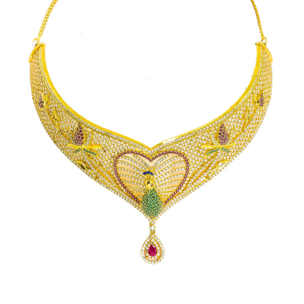 22K Yellow Gold Choker & Drop Earrings Set W/ Ruby, CZ, Peacock Heart Design & Drop Pear Pendant - Virani Jewelers |  22K Yellow Choker & Drop Earrings Set W/ Ruby, CZ, Peacock Heart Design & Drop Pear Pend...