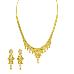 22K Multi Tone Gold Necklace & Earrings Set W/ Wide Royal Beaded Pendant & Hanging Gold Beads - Virani Jewelers