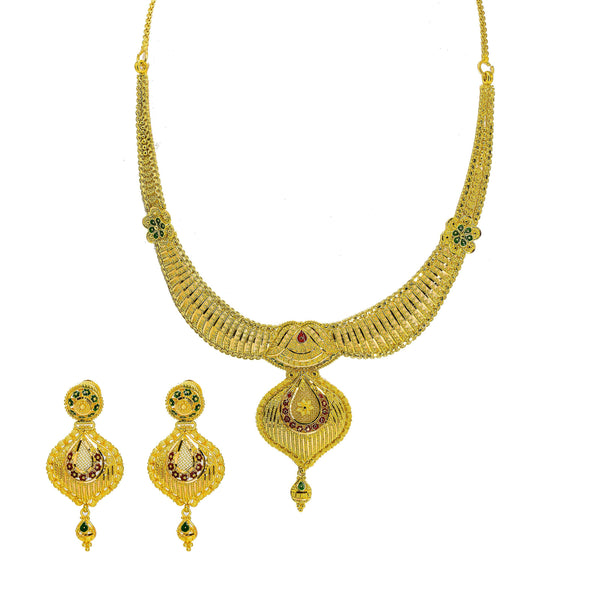 22K Yellow Gold Necklace & Earrings Set W/ Beaded Filigree, Enamel Details & Large Faceted Pendants - Virani Jewelers |  22K Yellow Gold Necklace & Earrings Set W/ Beaded Filigree, Enamel Details & Large Facet...