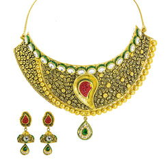 22K Yellow Gold Choker & Jhumki Drop Earrings Set W/ Ruby, Emerald, Kundan & Deep Carved Mango Detail - Virani Jewelers