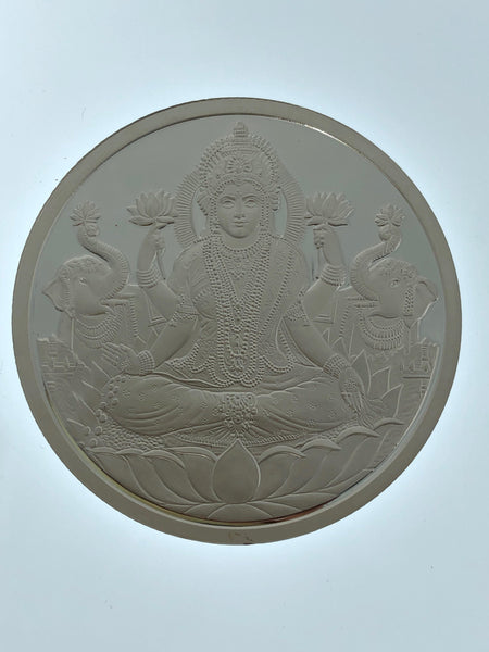 Laxmi Silver Coin with OM engraved on the back, 100 grams - Virani Jewelers | Laxmi Silver Coin with OM engraved on the back, 100 grams silver weight.