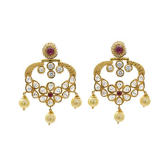 22K Antique Textured Gold Dangle Earrings W/ Rubies, Cubic Zirconia, & Pearls - Virani Jewelers