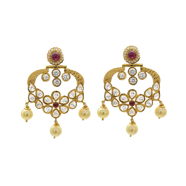 22K Antique Textured Gold Dangle Earrings W/ Rubies, Cubic Zirconia, & Pearls - Virani Jewelers | 22K Antique Textured Gold Dangle Earrings W/ Rubies, Cubic Zirconia, & Pearls for women. This...