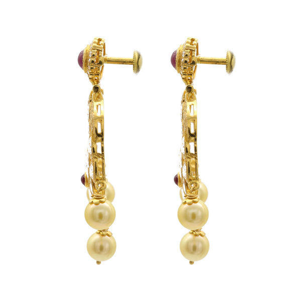 22K Antique Textured Gold Dangle Earrings W/ Rubies, Cubic Zirconia, & Pearls - Virani Jewelers | 22K Antique Textured Gold Dangle Earrings W/ Rubies, Cubic Zirconia, & Pearls for women. This...