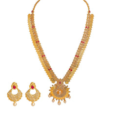 22K Yellow Gold Diamond Necklace & Earrings Set W/ 17.6ct Uncut Diamonds, Rubies, Pearls, Laxmi Kasu & Open Pendant - Virani Jewelers