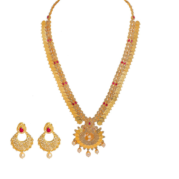 22K Yellow Gold Diamond Necklace & Earrings Set W/ 17.6ct Uncut Diamonds, Rubies, Pearls, Laxmi Kasu & Open Pendant - Virani Jewelers |  22K Yellow Gold Diamond Necklace & Earrings Set W/ 17.6ct Uncut Diamonds, Rubies, Pearls, La...