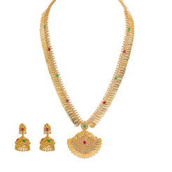 22K Yellow Gold Diamond Necklace & Jhumki Drop Earrings Set W/ 18.77ct Uncut Diamonds, Rubies, Emeralds, Laxmi Kasu & Large Eyelet Pendant - Virani Jewelers