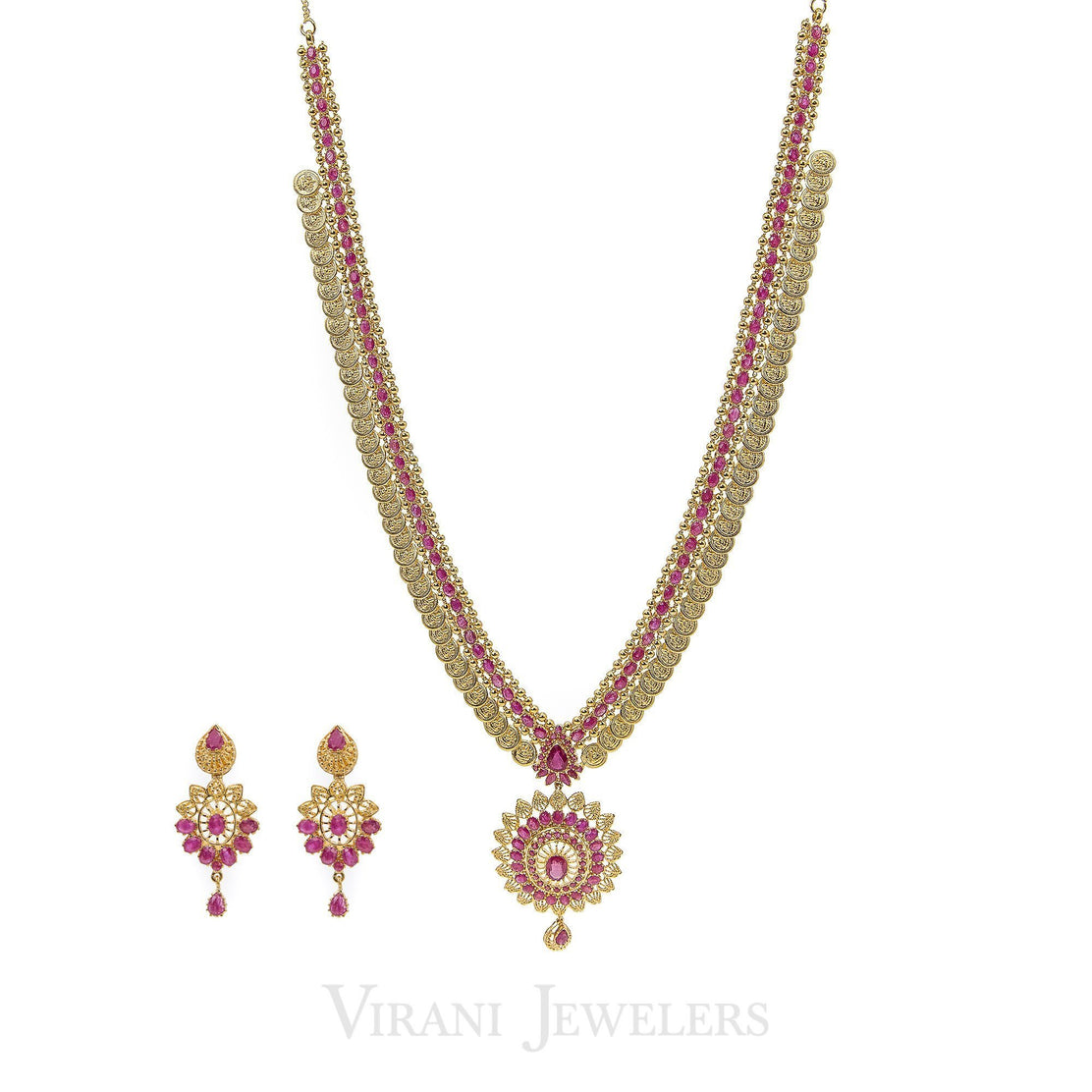 Pink Ruby Vintage Drop Necklace and Earrings Set in 22K Yellow