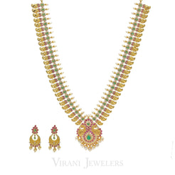 22K Yellow Gold Necklace & Earrings Set W/ CZ, Ruby, Emerald & Mango Details