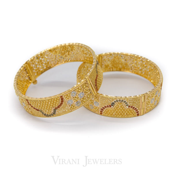 22K Yellow Gold Kada Bangles W/Hand Painted Multi Beaded Design | 22K Yellow Gold Kada Bangles W/Hand Painted Multi Beaded Design for women. Gold weight is 68.4 gr...