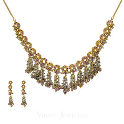 22K Yellow Gold Necklace and Earrings Set W/ Kundan & Floral Chandelier Design