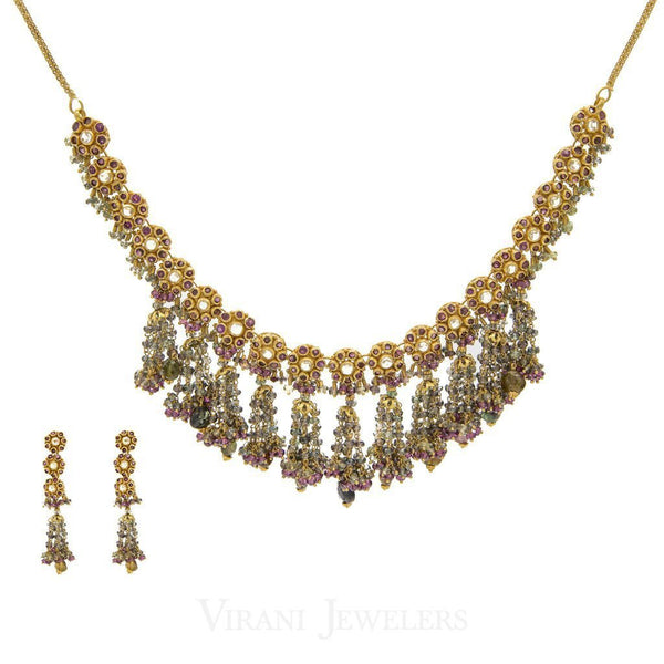 22K Yellow Gold Necklace and Earrings Set W/ Kundan & Floral Chandelier Design | 22K Yellow Gold Kundan Necklace and Earrings Set w/ Floral Chandelier Design. This elegant 22K ye...