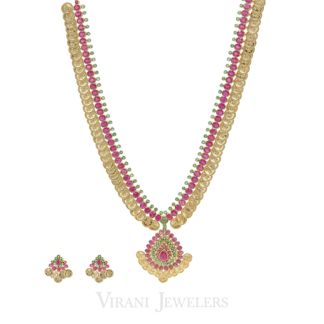 Virani Jewelers Multi Stone Ruby Emerald Kasu Mala Drop Necklace and Earrings 22K Yellow Gold