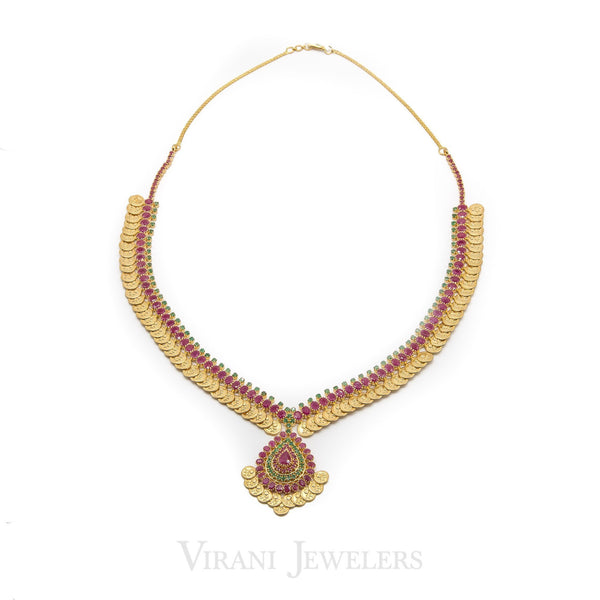 Multi-Stone Ruby& Emerald Kasu Drop Necklace and Earrings Set in 22K Yellow Gold | Multi-Stone Ruby& Emerald Kasu Drop Necklace and Earrings Set in 22K Yellow Gold for women. E...