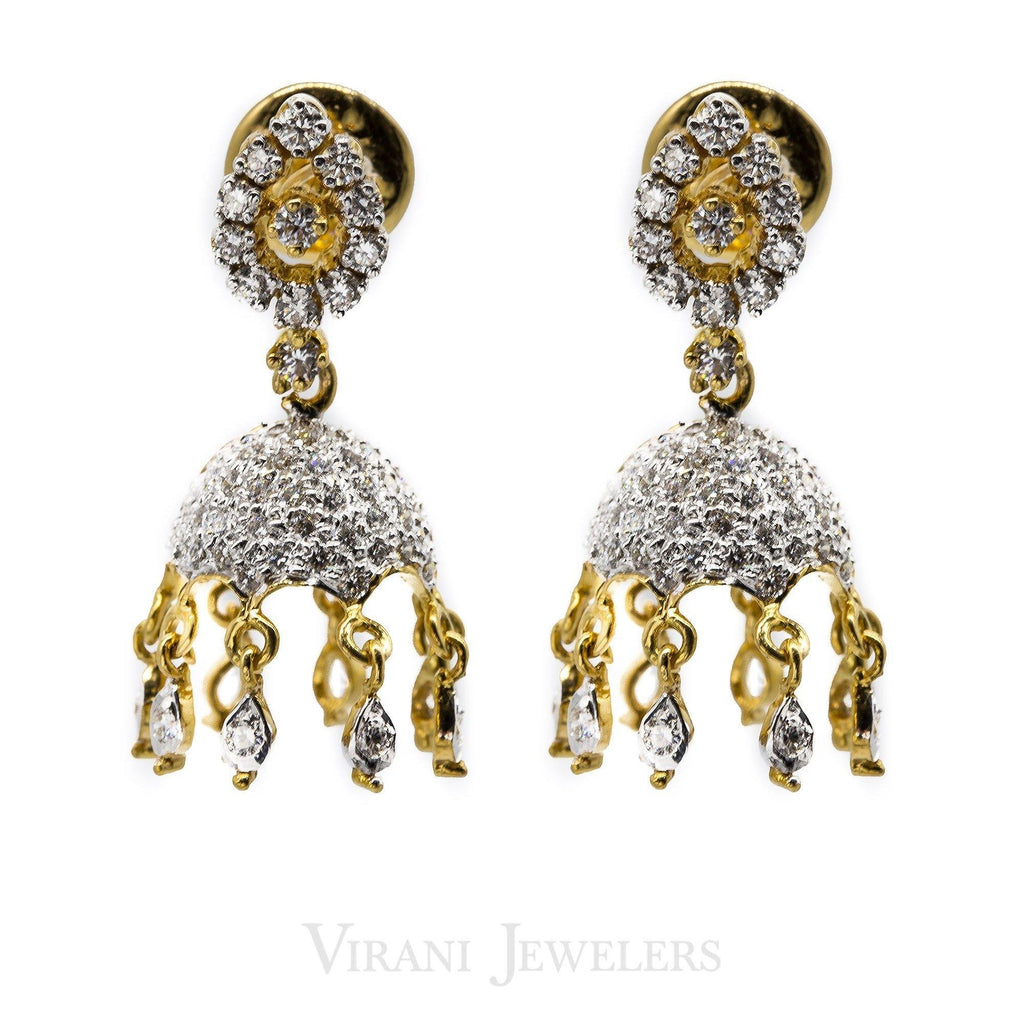 1.04CT Jellyfish Diamond Drop Jhumki Earrings Set in 18K Yellow Gold - Virani Jewelers | These Jhumki 18K gold earrings are designed with an oceanic inspiration. The stunning diamond-dro...