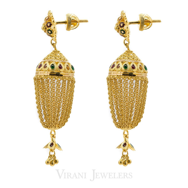 22K Yellow Gold Jhumki Drop Earrings W/ Hanging Link Tassels | 22K Yellow Gold Jhumki Drop Earrings W/ Hanging Link Tassels for women.Gold weight of 16.5 grams....