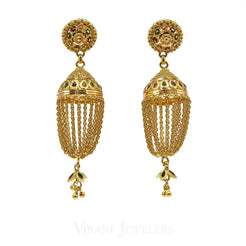 22K Yellow Gold Jhumki Drop Earrings W/ Hanging Link Tassels