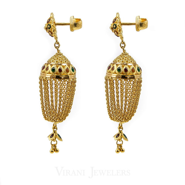 22K Yellow Gold Jhumki Drop Earrings W/ Hanging Link Tassels | 22K Yellow Gold Jhumki Drop Earrings W/ Hanging Link Tassels for women.Gold weight of 16.5 grams....