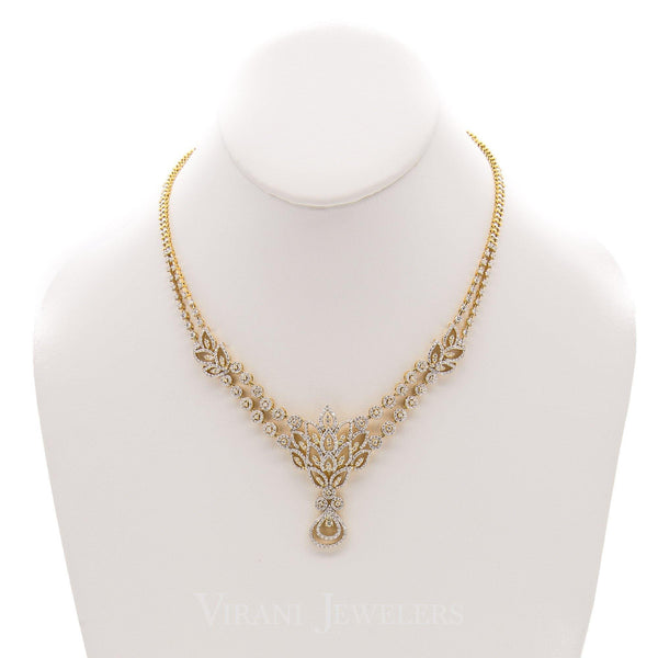 6.45CT Round Brilliant Diamond Necklace and Earrings Set in 18K Yellow Gold with Leaf Shape - Virani Jewelers | 6.45CT Round Brilliant Diamond Necklace and Earrings Set in 18K Yellow Gold with Leaf Shape for w...