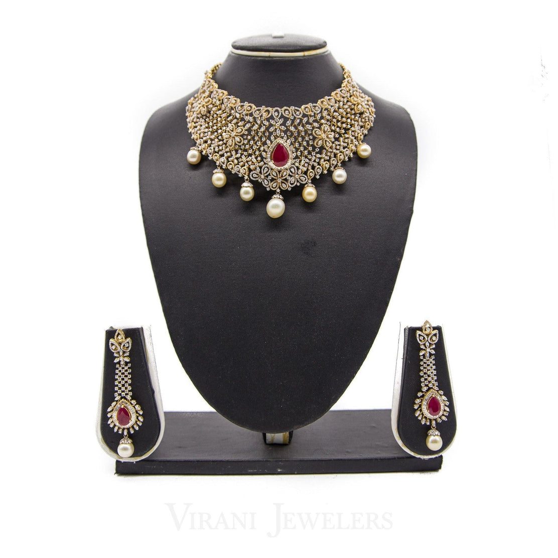 Golden Jadau Hyderabadi Bridal Choker Necklace Set For Women