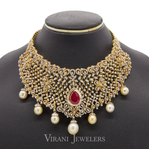 22.14 CT VVS Diamond Bridal Choker Necklace & Earrings Set, W/ Ruby & Pearl Accents - Virani Jewelers | 22.14 CT VVS Diamond Bridal Choker Necklace & Earrings Set with Ruby & Pearl Accents for ...