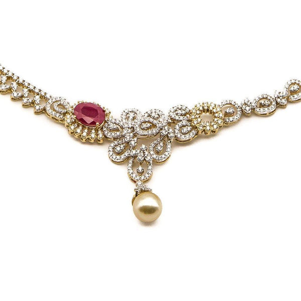 5.8CT Diamond Asymmetric Necklace and Earrings Set In 18K Yellow Gold W/ Pearl & Ruby Accent - Virani Jewelers | 5.8CT Diamond Asymmetric Necklace and Earrings Set In 18K Yellow Gold W/ Pearl & Ruby Accent ...