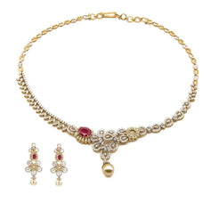 5.8CT Diamond Asymmetric Necklace and Earrings Set In 18K Yellow Gold W/ Pearl & Ruby Accent - Virani Jewelers