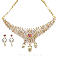 18K Yellow Gold Diamond Bridal Necklace & Earrings Set W/ 8.17ct Diamonds, Rubies & Pearls - Virani Jewelers