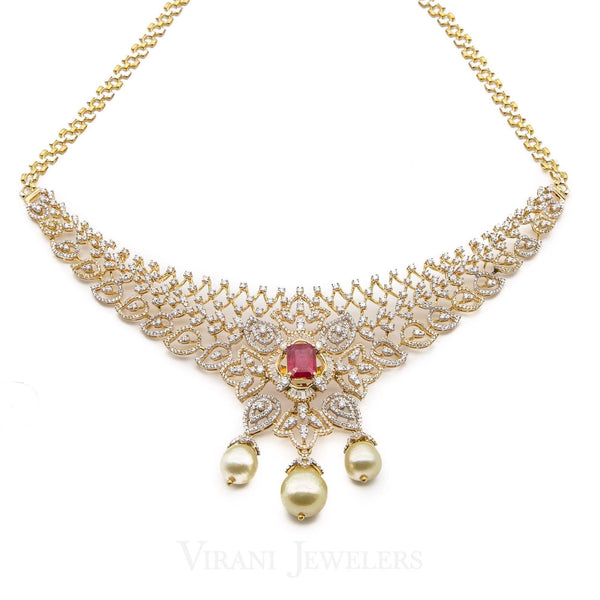 18K Yellow Gold Diamond Bridal Necklace & Earrings Set W/ 8.17ct Diamonds, Rubies & Pearls - Virani Jewelers | 18K Yellow Gold Diamond Bridal Necklace & Earrings Set W/ 8.17ct Diamonds, Rubies & Pearl...
