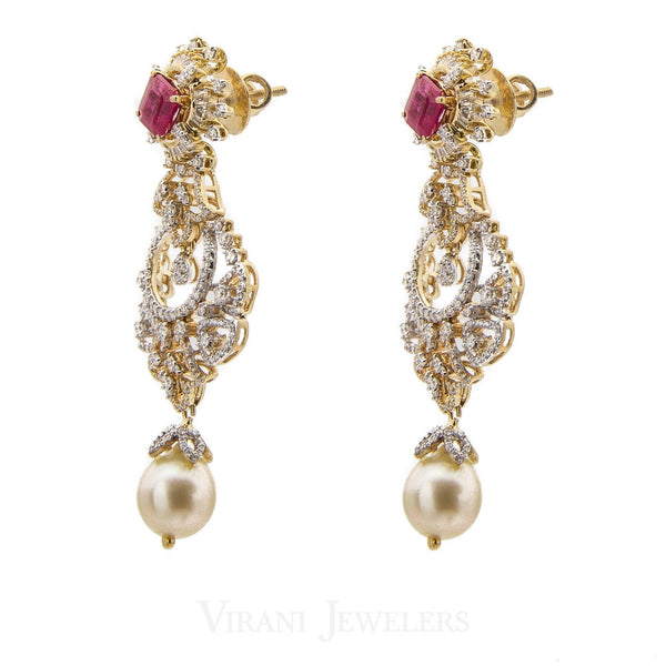 18K Yellow Gold Diamond Bridal Necklace & Earrings Set W/ 8.17ct Diamonds, Rubies & Pearls - Virani Jewelers | 18K Yellow Gold Diamond Bridal Necklace & Earrings Set W/ 8.17ct Diamonds, Rubies & Pearl...