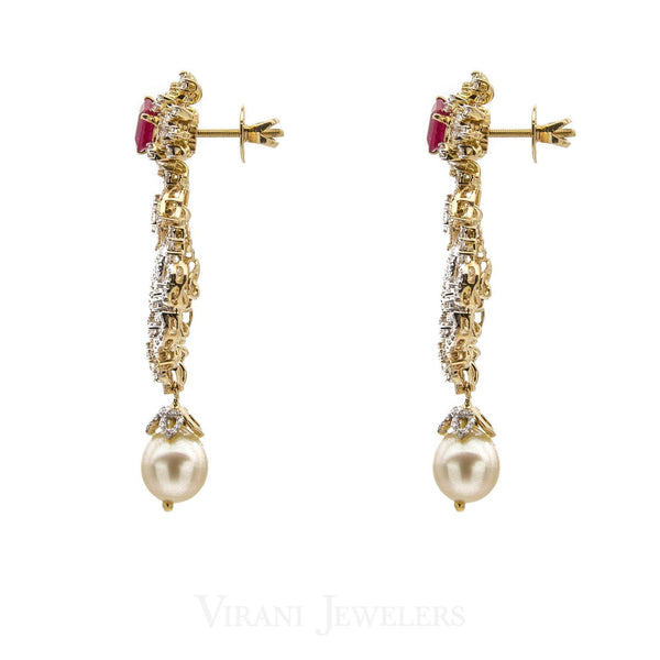 18K Yellow Gold Diamond Bridal Necklace & Earrings Set W/ 8.17ct Diamonds, Rubies & Pearls - Virani Jewelers | 18K Yellow Gold Diamond Bridal Necklace & Earrings Set W/ 8.17ct Diamonds, Rubies & Pearl...