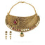 22K Yellow Gold Necklace Choker and Earrings Set W/ Kundan, Emerald & Ruby Gems
