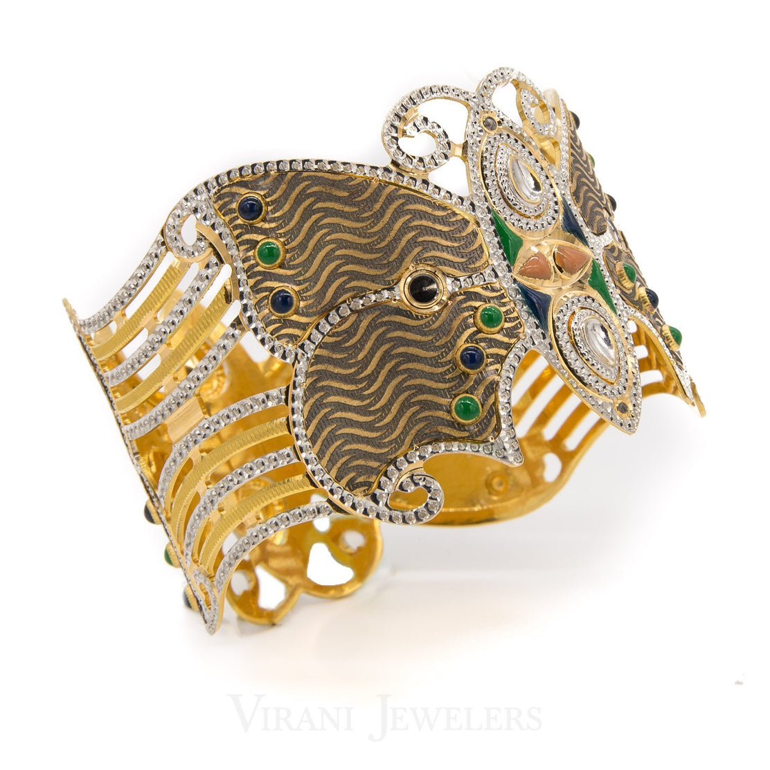 22K Yellow Gold Hand Painted Butterfly Cuff Bangle W Diamond