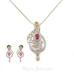 1.46 CT Round Brilliant Diamond Ruby Pendant and Earrings Set in 18K Yellow & White Gold - Virani Jewelers