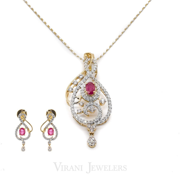 1.46 CT Round Brilliant Diamond Ruby Pendant and Earrings Set in 18K Yellow & White Gold - Virani Jewelers | 1.46 CT Round Brilliant Diamond Ruby Pendant and Earrings Set in 18K Yellow & White Gold for ...