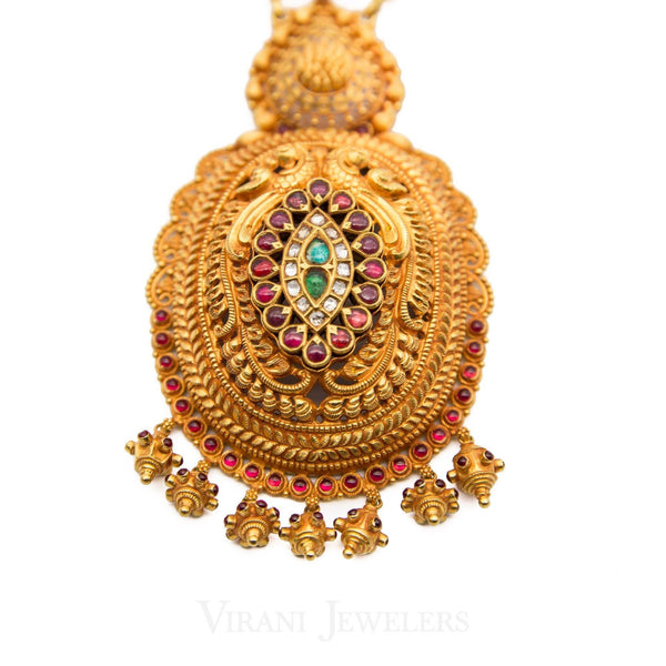 22K Antique Gold Finish Drop Necklace W/Kundans, Ruby, & Emerald Stones - Virani Jewelers | 22K Antique Gold Finish Drop Necklace W/Kundans, Ruby, & Emerald Stones for women. The Neckla...