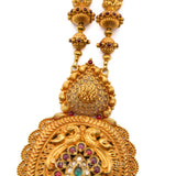 22K Antique Gold Finish Drop Necklace W/Kundans, Ruby, & Emerald Stones - Virani Jewelers | This is a 22K antique gold-finish ruby, Kundan, and emerald stones necklace with an Indian design...