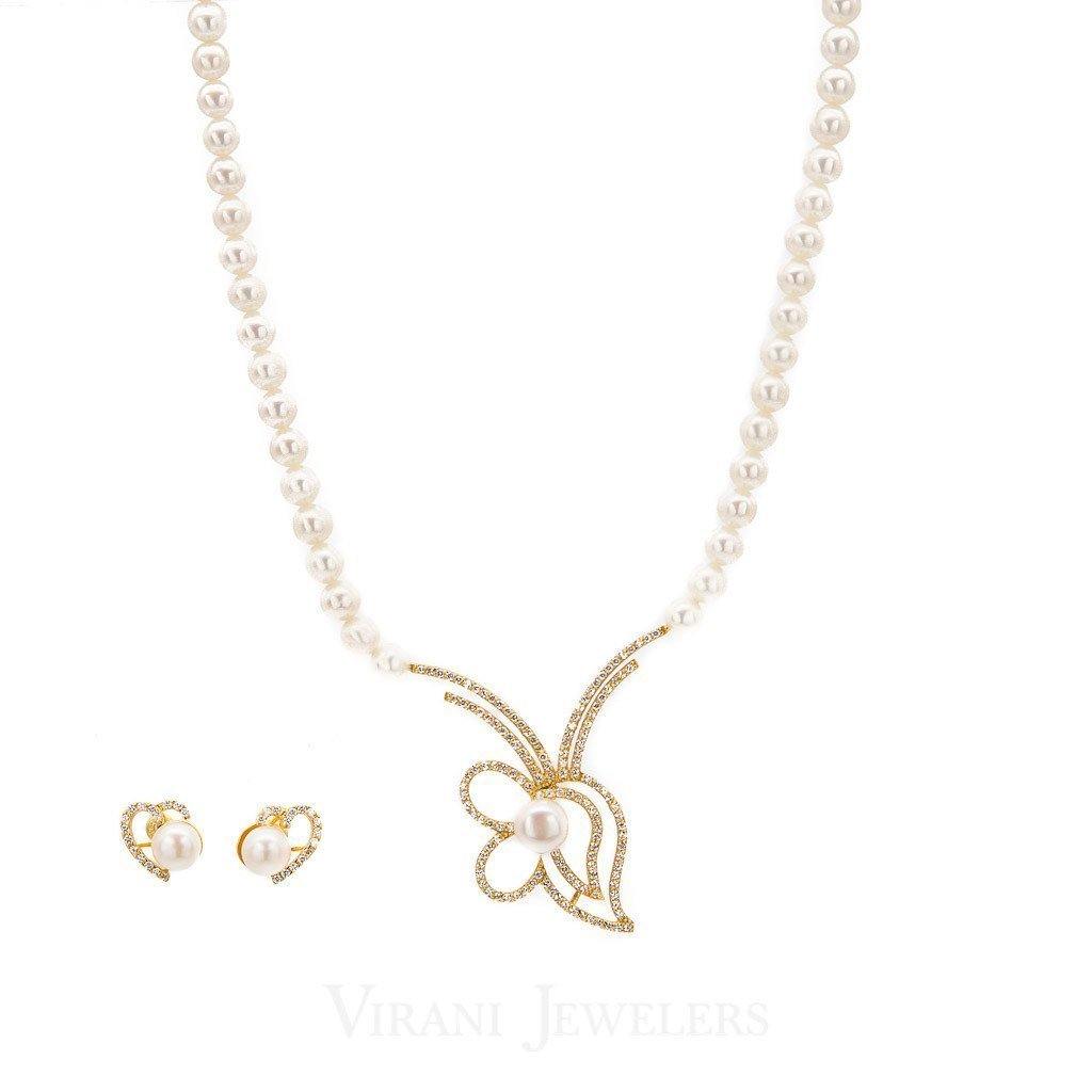 Pearl Necklace Earring Set Set in 22K Yellow Gold W Cubic Zirconia Stones