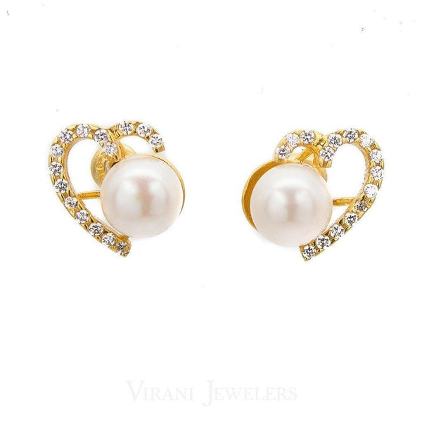 Pearl Necklace & Earring Set Set in 22K Yellow Gold W/ Cubic Zirconia Stones - Virani Jewelers | Pearl Earrings and Necklace Set in 22K Gold with Cubic Zirconia Stones for women. This feminine j...