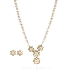 Pearl Necklace & Earring Set in 22K Yellow Gold W/Floral Drop Setting Set with Cubic Zirconia & Pearls - Virani Jewelers