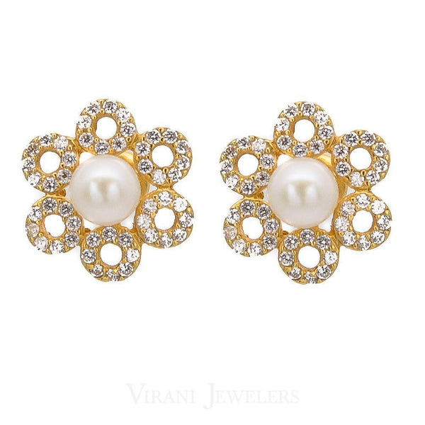 Pearl Necklace & Earring Set in 22K Yellow Gold W/Floral Drop Setting Set with Cubic Zirconia & Pearls - Virani Jewelers | Gold Pearl Necklace and Earring Set in 22K Yellow Gold W/Floral Drop Setting Set with Cubic Zirco...