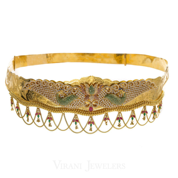 22K Yellow Gold Vaddanam Chandelier Waist belt W/Multi Stone Encrusted Colorful Peacock Design | Add an incredible piece of 22K gold jewelry to your wardrobe with this 22K vaddanam chandelier wa...