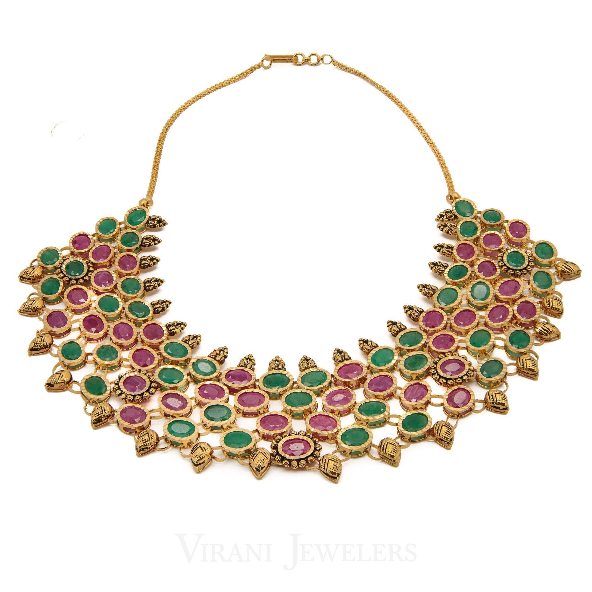 Emerald Ruby Statement Necklace w Earrings 22K Gold Virani
