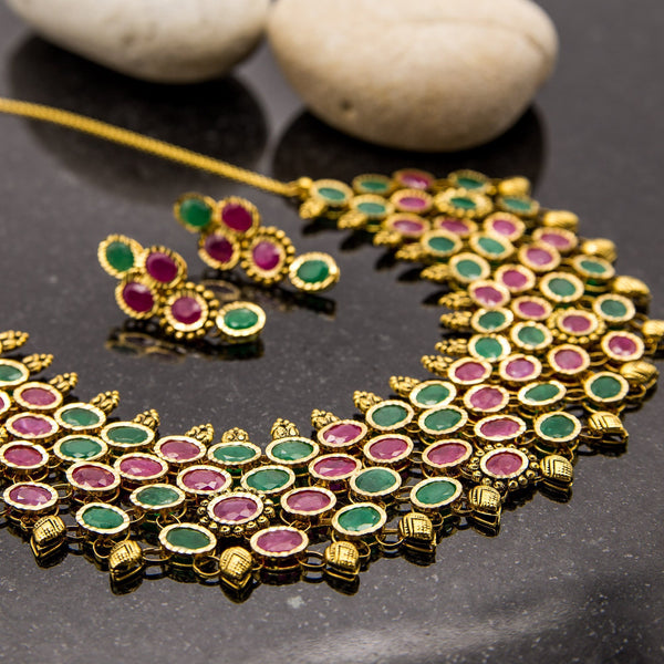 Emerald & Ruby Statement Necklace and Earrings Set in 22K Yellow Gold | Emerald & Ruby Statement Necklace and Earrings Set in 22K Yellow Gold for women. Colorfully a...