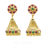 22K Yellow Gold Emerald & Ruby Jhumki Drop Earrings - Virani Jewelers | 22K Yellow Gold Emerald and Ruby Drop Earrings for women. Earrings have a post screw backs. Gold ...